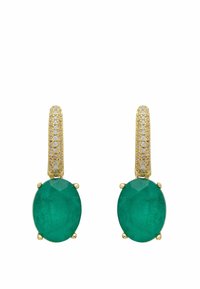 Green gemstone earrings with oval-cut stones, set in gold with a textured hoop adorned with small diamonds.