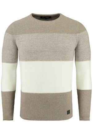 Strickpullover mit horizontalen Streifen in Hellbeige, Dunkelbeige und Creme. Rundhalsausschnitt-Design mit gerippten Bündchen und Saum.
