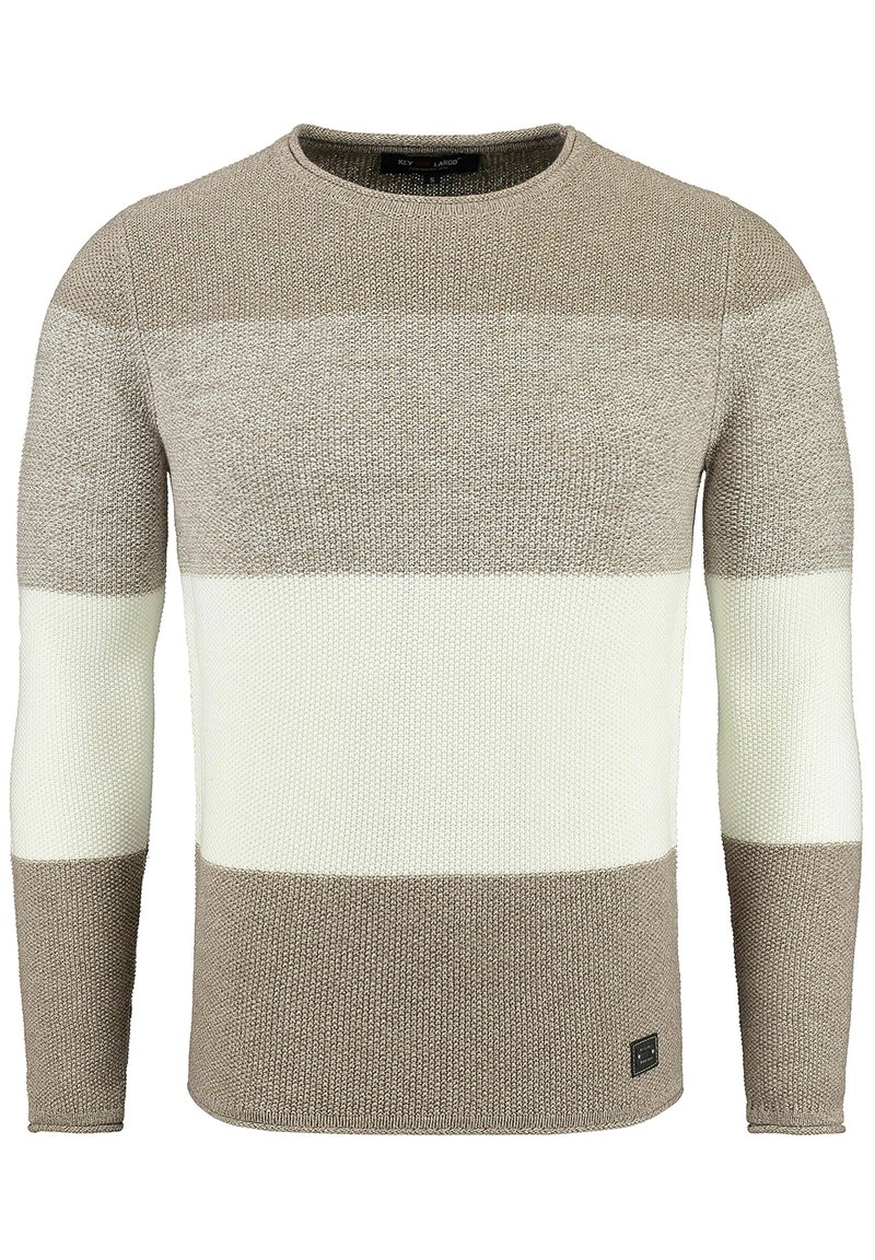 Maglione a maglia con righe orizzontali in beige chiaro, beige scuro e crema. Design con collo a girocollo, polsini e orlo a coste.
