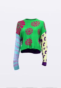Pleteni pulover s kratkim dizajnom; svetlo zelena osnova z rožičastimi cvetovi, en rokav je svetlo moder, drugi rumen s vijoličnimi poudarki.