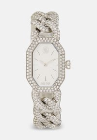 Orologio ottagonale argentato con accenti in cristallo e bracciale intrecciato. Presenta un quadrante bianco con lancette argentate. Made in Switzerland.