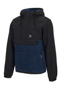 Pullover jacket features a black exterior with a navy blue fleece panel, zippered side pocket, adjustable hood, and elastic cuffs.