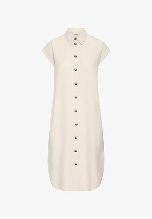 Gai bēša pogājamā kleita ar apkakli, īsām piedurknēm un taisnu siluetu. Priekšpusē ir metāla pogas. Mīksta auduma tekstūra.