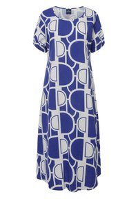 Modrá a bílá vzorovaná šaty s volným střihem, kulatým výstřihem a krátkými rukávy, na kterých jsou geometrické tvary a čáry po celém materiálu.