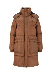 Brun puffjacka i quiltat material med hög krage, dragkedja framtill, två framfickor och justerbara snören vid huvan.