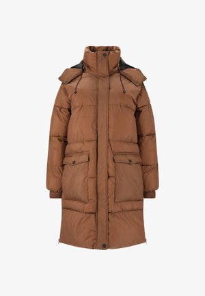 Bruine pufferjas van quilted materiaal, met een hoge kraag, een ritssluiting aan de voorkant, twee voorzakken en verstelbare trekkoorden in de capuchon.