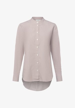 Chemise à manches longues à boutons avec des rayures verticales marron et blanches, col mandarin et ourlet incurvé plus long à l'arrière.