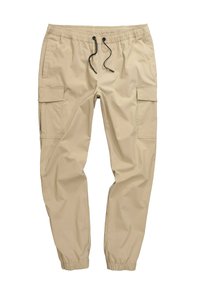Pantaloni cargo beige con cintura elasticizzata e coulisse regolabile, dotati di due tasche laterali e una gamba affusolata.