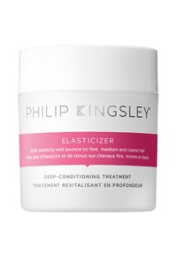 Weißer Behälter mit einem rosa Band, beschriftet mit "Elasticizer", entworfen für eine Tiefenbehandlung. Text in Schwarz und Grau, der die Produktvorteile beschreibt.