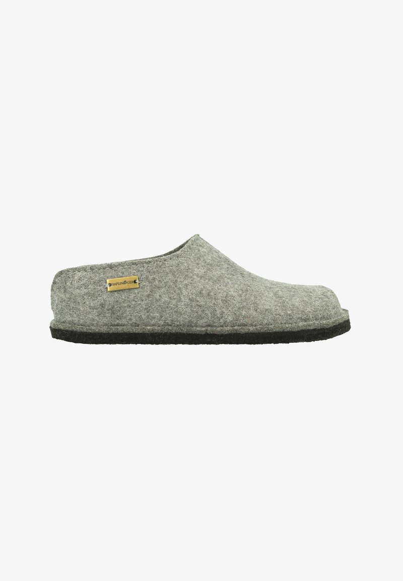 Gray felt slippers with a rounded toe, black rubber outsole, and gold metallic logo accent on the side. Simple, slip-on design.