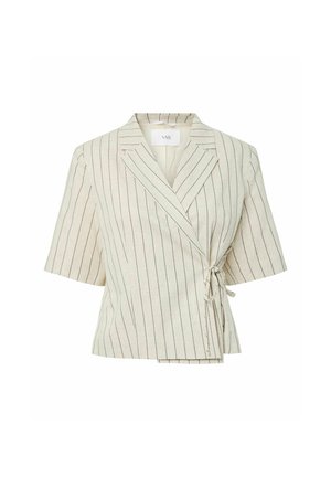 Kremfarvet blazer med korte ærmer, tynde sorte lodrette striber, hakkede revers, omslagsfront og bindebånd i siderne.