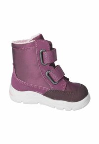 Stivale invernale per bambini viola con due fasce adesive, suola spessa bianca e interno morbido rosa.