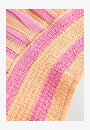 Textile with horizontal stripes in soft peach and pink, featuring a textured woven pattern. Edges are smooth with gathered fabric detail.