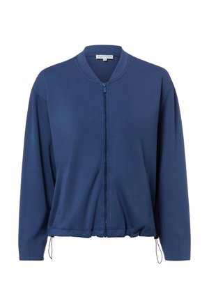 Marineblaue Langarm-Zipjacke mit geripptem Kragen und verstellbaren Kordeln am Saum.