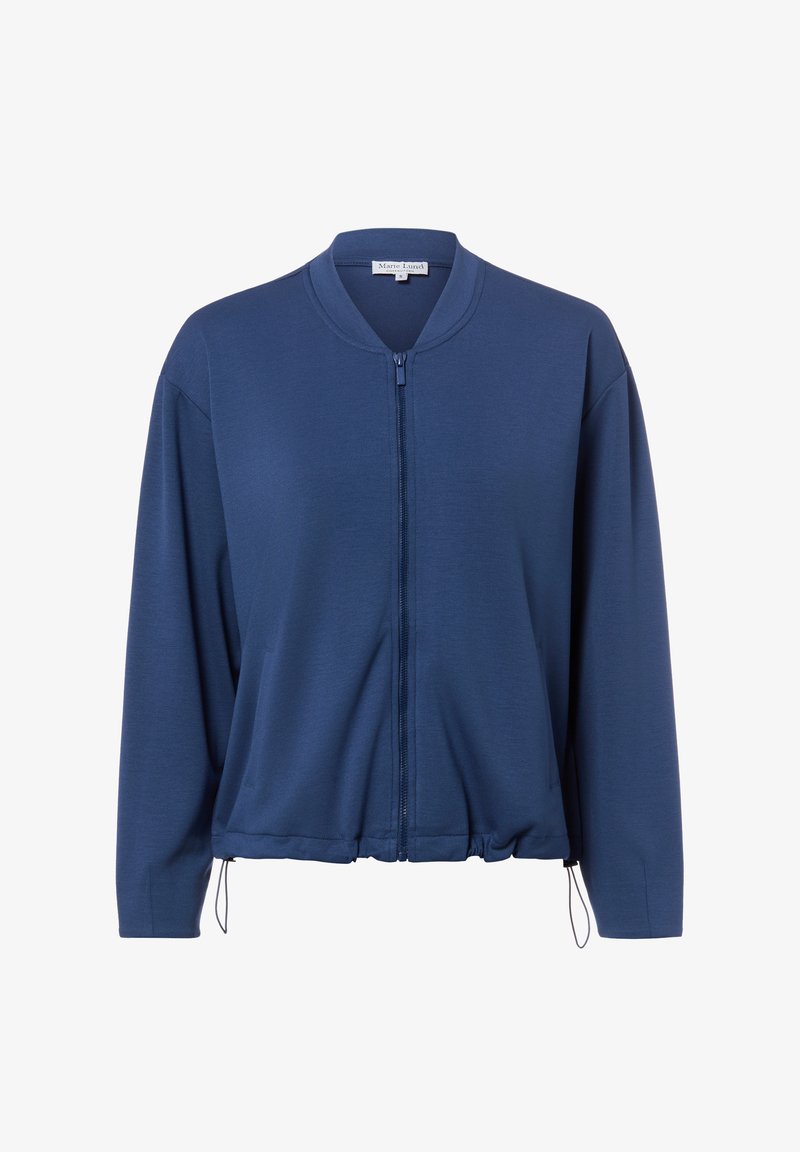 Giacchetto blu navy con zip, maniche lunghe, colletto a coste e coulisse regolabili sull'orlo.