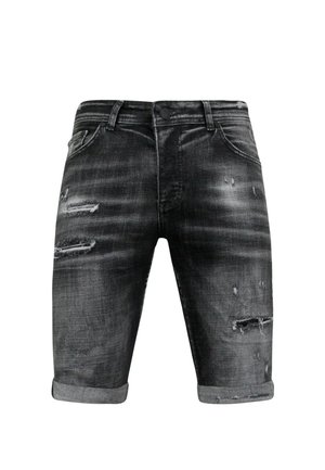 Zwart gewassen denim shorts met opgerolde boorden en versleten details op de voorste pijpen en zakken.