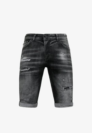 Zwart gewassen denim shorts met opgerolde boorden en versleten details op de voorste pijpen en zakken.