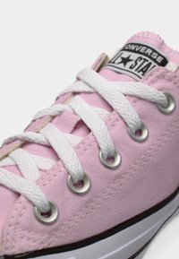 Κοντινό πλάνο ενός ροζ πάνινου παπουτσιού Converse All Star με λευκά κορδόνια περασμένα μέσα από μεταλλικά κρικάκια.