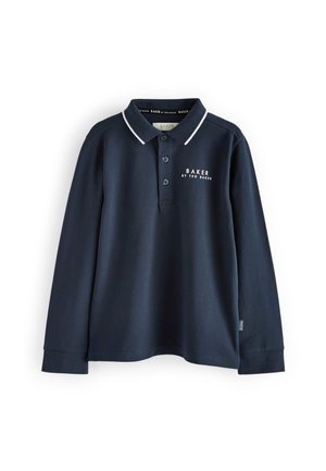 Marine blauwe longsleeve polo gemaakt van katoen, met een witte afgewerkte kraag, drie knopen en een klein logo op de borst.