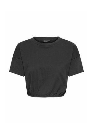 T-shirt court noir à manches courtes avec col rond et ourlet élastiqué, étiquette "ONLY" à l'intérieur du col.