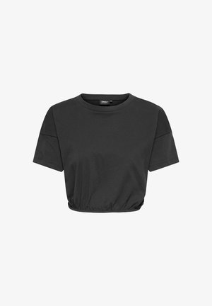 T-shirt court noir à manches courtes avec col rond et ourlet élastiqué, étiquette "ONLY" à l'intérieur du col.