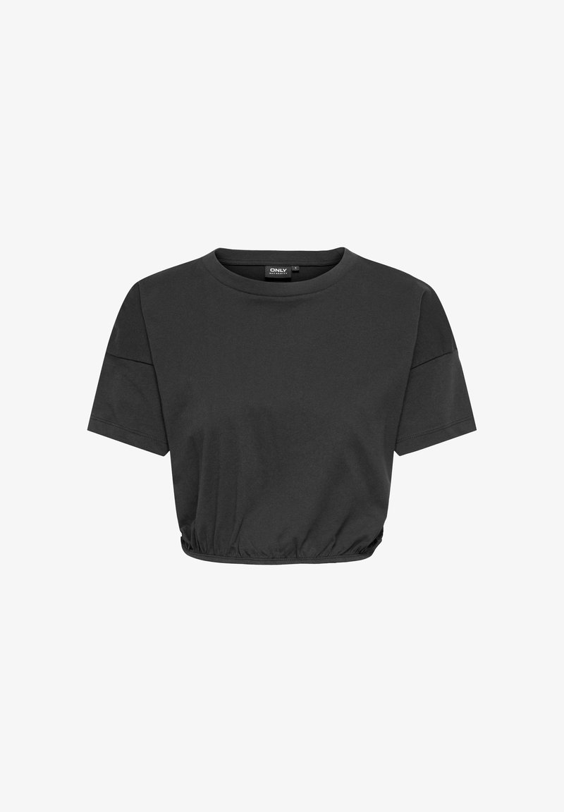 Czarny krótki T-shirt z krótkim rękawem, okrągłym dekoltem i elastycznym dołem, z metką "ONLY" wewnątrz kołnierzyka.