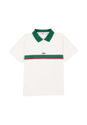 Tricou polo alb cu guler verde și o dungă orizontală verde cu un accent roșu. Logo-ul este poziționat central, deasupra dungi.