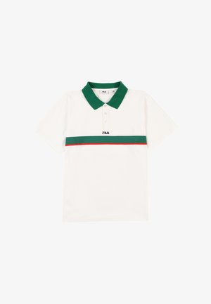 Tricou polo alb cu guler verde și o dungă orizontală verde cu un accent roșu. Logo-ul este poziționat central, deasupra dungi.