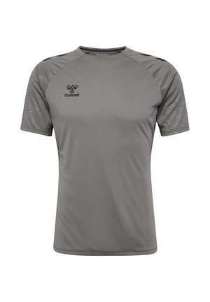 Graues sportliches T-Shirt aus glattem Stoff, mit kurzen Ärmeln, Rundhalsausschnitt und strukturierten Akzenten auf den Schulterbereichen. Hummel-Logo sichtbar.