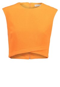 Haut court sans manches de couleur orange vif avec un col rond et un détail de surpiqûre à l'avant.