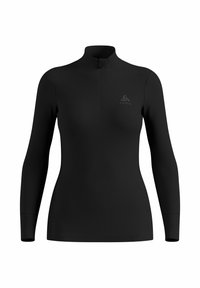 Schwarzes Langarm-Sportoberteil mit hohem Kragen und viertel Reißverschluss, aus dehnbarem, leichtem Material, mit dezenten Nähtendetails.