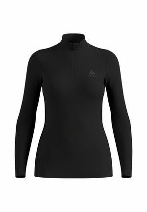 Schwarzes Langarm-Sportoberteil mit hohem Kragen und viertel Reißverschluss, aus dehnbarem, leichtem Material, mit dezenten Nähtendetails.