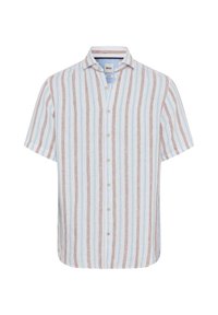 Kurzärmliges Hemd mit Knopfleiste aus leichtem Stoff, mit vertikalen Streifen in blassblau und rostrot. Klassisches Kragendesign.