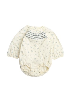 Tutina per neonati a maniche lunghe color crema con piccola stampa floreale e dettagli in pizzo blu a volant sul petto e orli delle gambe elasticizzati.