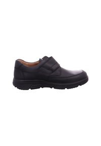 Black leather shoe with a smooth texture, featuring a Velcro strap and a rubber sole. Simple design with rounded toe and low profile.