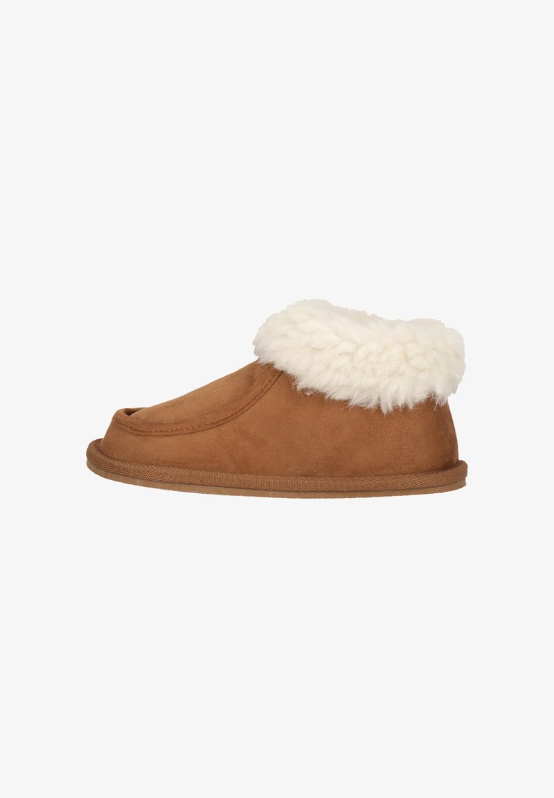 Brune ruskinds slippers med tykk hvid fleeceforing omkring ankelkraven, flad sål og rund tå.