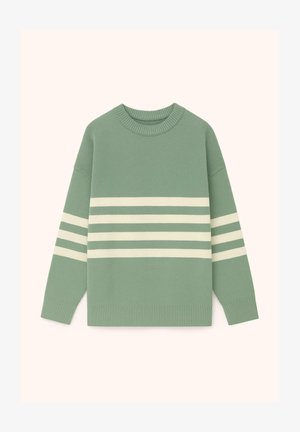 Maglione lavorato a maglia di colore verde chiaro con righe orizzontali bianche. Presenta un collo a giro e polsini e orlo a costine. Texture morbida.