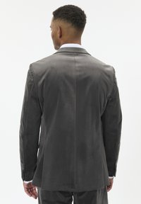 Pelēks samta žakets ar gludu tekstūru, vienu atveri aizmugurē, šauru piegriezumu un izgriezumiem. Garas piedurknes ar pogām pie aprocēm.