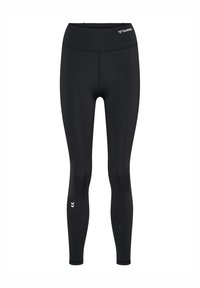 Leggings noirs en tissu extensible, dotés d'une large taille, d'une texture lisse et d'un logo discret sur le devant, avec une coupe ajustée.