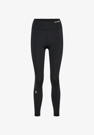 Zwarte leggings van rekbaar materiaal, met een brede tailleband, een gladde textuur en een subtiele logo aan de voorkant, in een aangesloten snit.