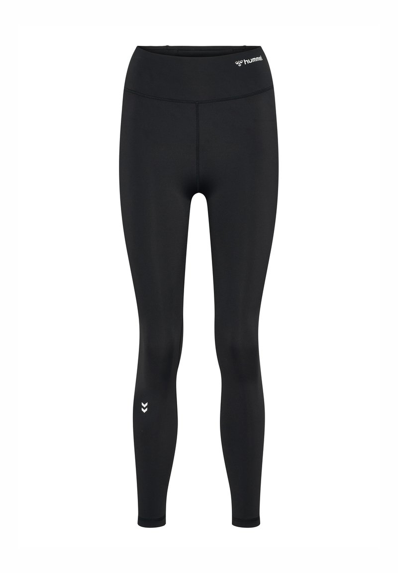 Leggings noirs en tissu extensible, dotés d'une large taille, d'une texture lisse et d'un logo discret sur le devant, avec une coupe ajustée.