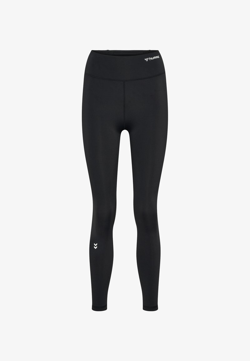Zwarte leggings van rekbaar materiaal, met een brede tailleband, een gladde textuur en een subtiele logo aan de voorkant, in een aangesloten snit.