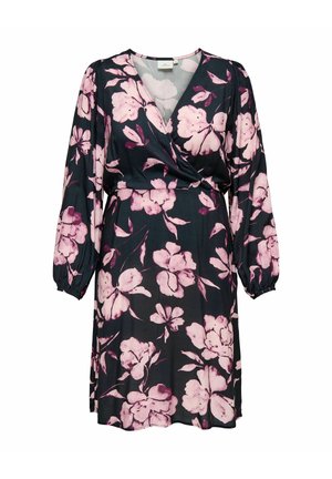 Svart omslagsklänning med långa puffärmar, med stora rosa blommönster och V-ringning.