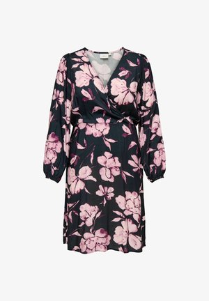 Svart omslagsklänning med långa puffärmar, med stora rosa blommönster och V-ringning.