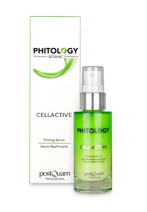 Botella de sérum con degradado verde y tapa de spray plateada etiquetada como Phitology Cell Active, junto a una caja de producto blanca con la misma marca.