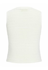 Häkel-Top in Weiß, mit geripptem Textur und ärmellosem Design. Der Rücken ist glatt mit subtilen horizontalen Linien.
