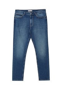 Jeans in denim blu scuro con taglio dritto, tasche frontali e vita classica. Presentano una leggera scoloritura per un aspetto vissuto.