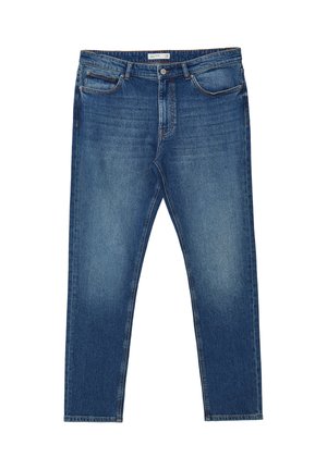 Jeans in denim blu scuro con taglio dritto, tasche frontali e vita classica. Presentano una leggera scoloritura per un aspetto vissuto.