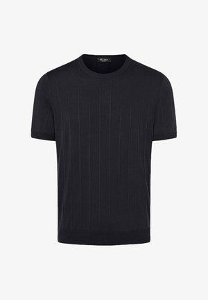Schwarzes kurzärmliges Strick-T-Shirt mit vertikaler Rippstruktur, Rundhalsausschnitt und enganliegenden Bündchen sowie Saum. Weicher Stoff. Keine Muster oder Akzente.