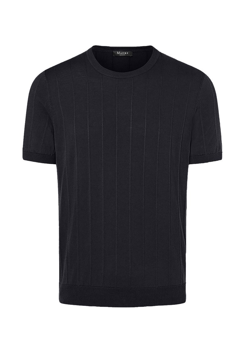Černé krátké rukávy pletené tričko s vertikální strukturovanou pleteninou, kulatým výstřihem a přiléhavými manžetami a lemem. Měkká tkanina. Bez vzorů nebo doplňků.